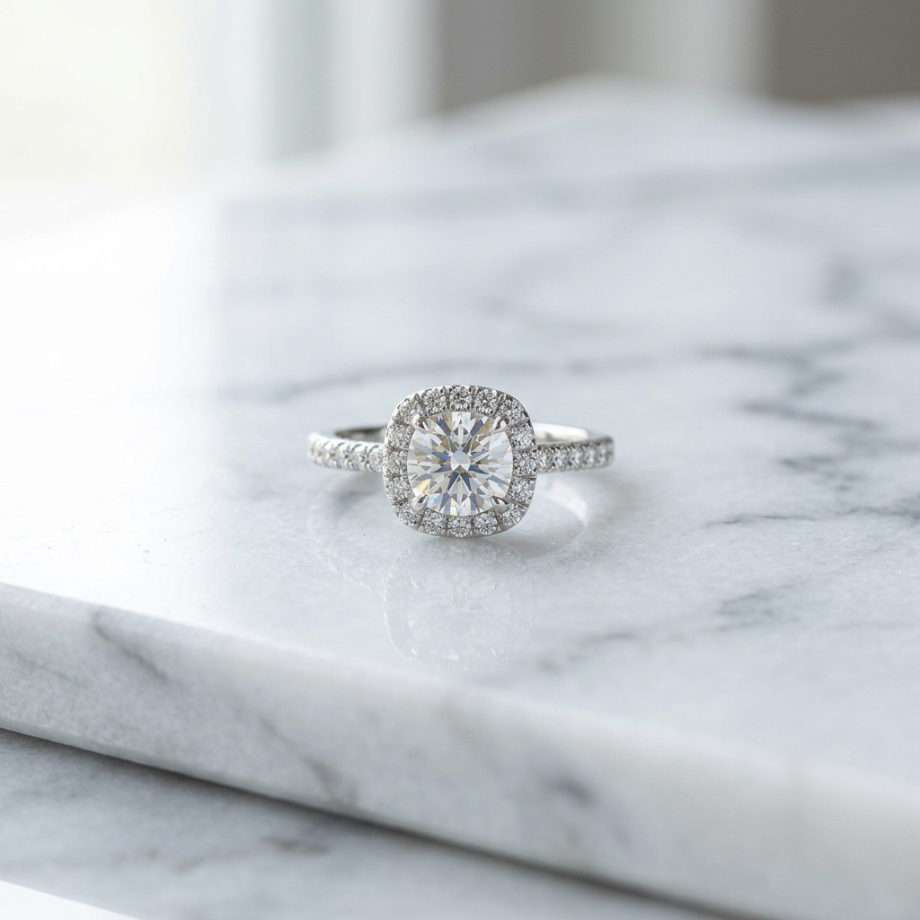 Moissanite Cushion Halo Engagement Ring – 1ct D Color VVS1, 925 Sterling Silver – The Belgravia | Macklo London