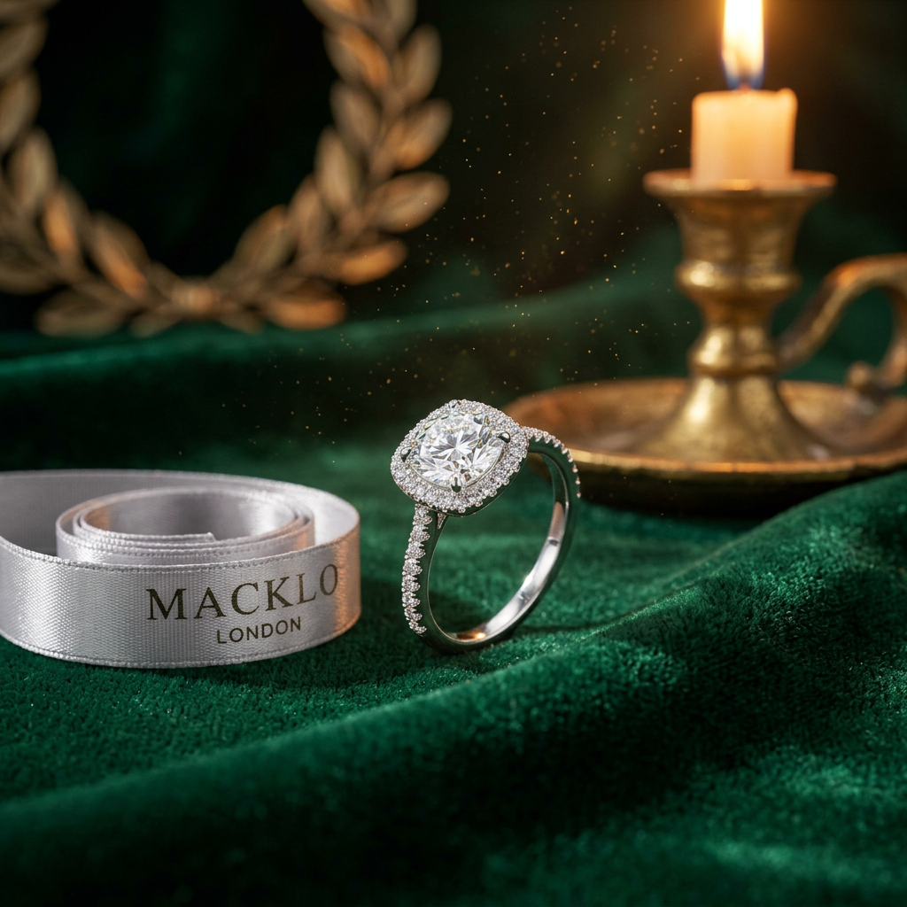 Moissanite Cushion Halo Engagement Ring – 1ct D Color VVS1, 925 Sterling Silver – The Belgravia | Macklo London