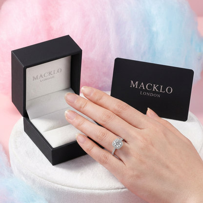 Moissanite Cushion Halo Engagement Ring – 1ct D Color VVS1, 925 Sterling Silver – The Belgravia | Macklo London