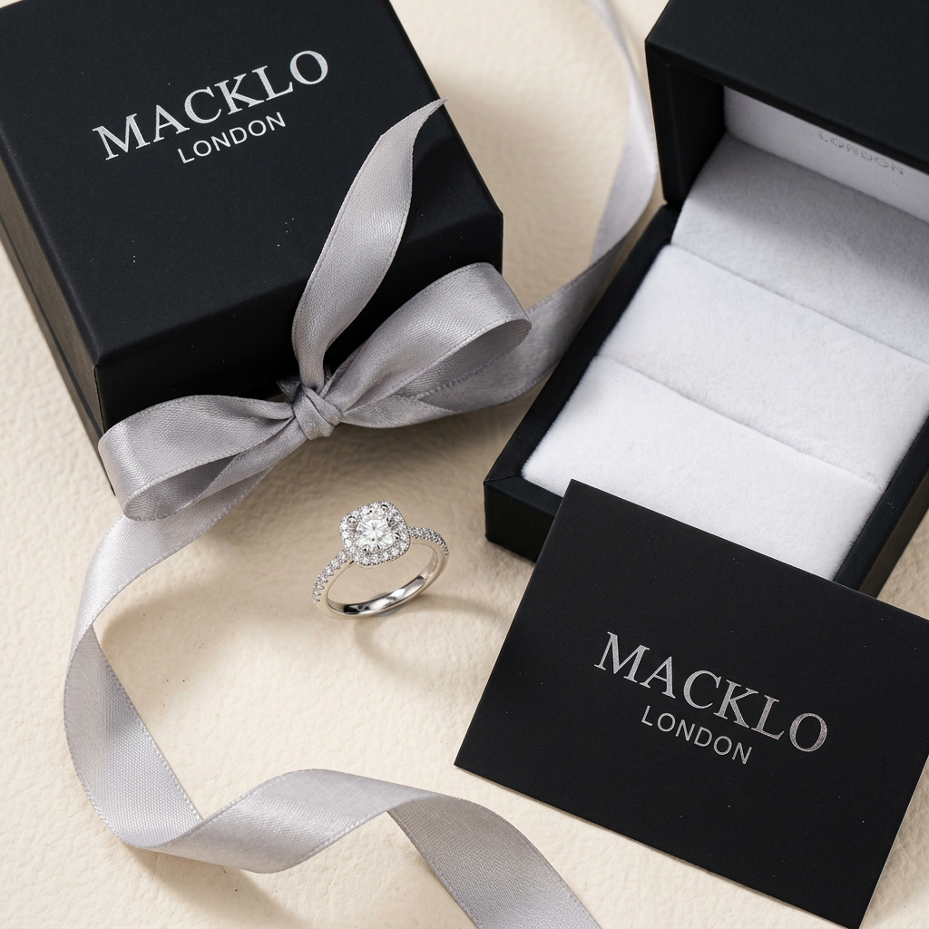 Moissanite Cushion Halo Engagement Ring – 1ct D Color VVS1, 925 Sterling Silver – The Belgravia | Macklo London