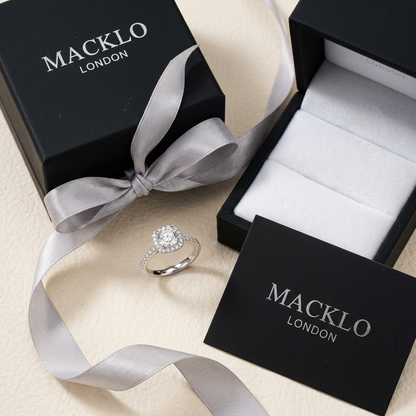 Moissanite Cushion Halo Engagement Ring – 1ct D Color VVS1, 925 Sterling Silver – The Belgravia | Macklo London