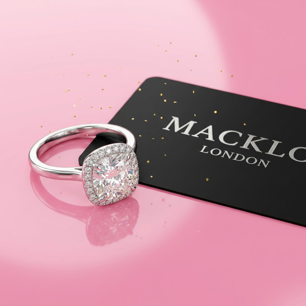 Moissanite Cushion Halo Engagement Ring – 1ct D Color VVS1, 925 Sterling Silver – The Belgravia | Macklo London