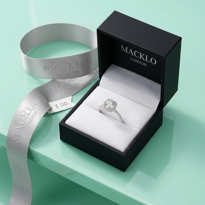 Moissanite Cushion Halo Engagement Ring – 1ct D Color VVS1, 925 Sterling Silver – The Belgravia | Macklo London