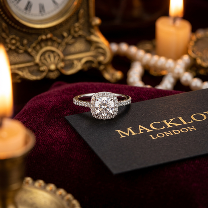 Moissanite Cushion Halo Engagement Ring – 1ct D Color VVS1, 925 Sterling Silver – The Belgravia | Macklo London