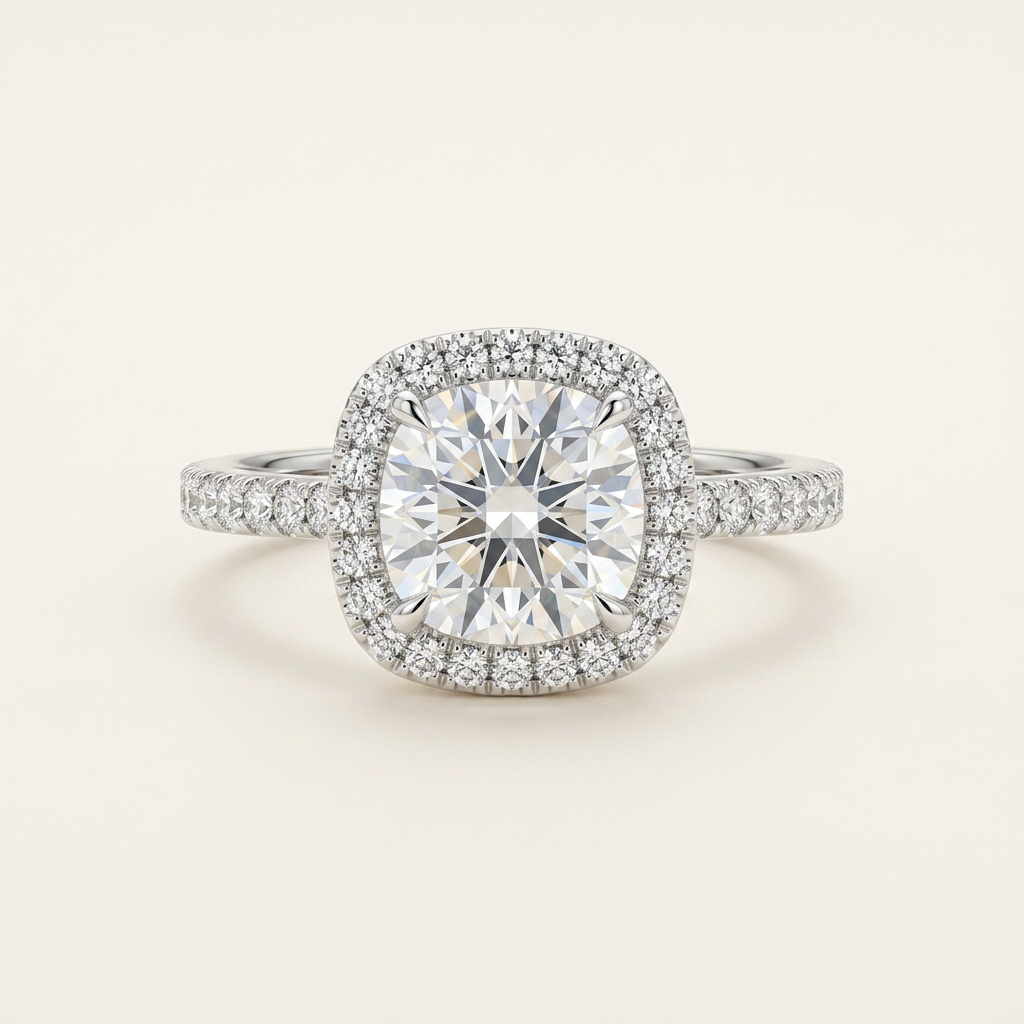 Moissanite Cushion Halo Engagement Ring – 1ct D Color VVS1, 925 Sterling Silver – The Belgravia | Macklo London