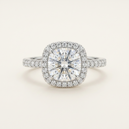 Moissanite Cushion Halo Engagement Ring – 1ct D Color VVS1, 925 Sterling Silver – The Belgravia | Macklo London
