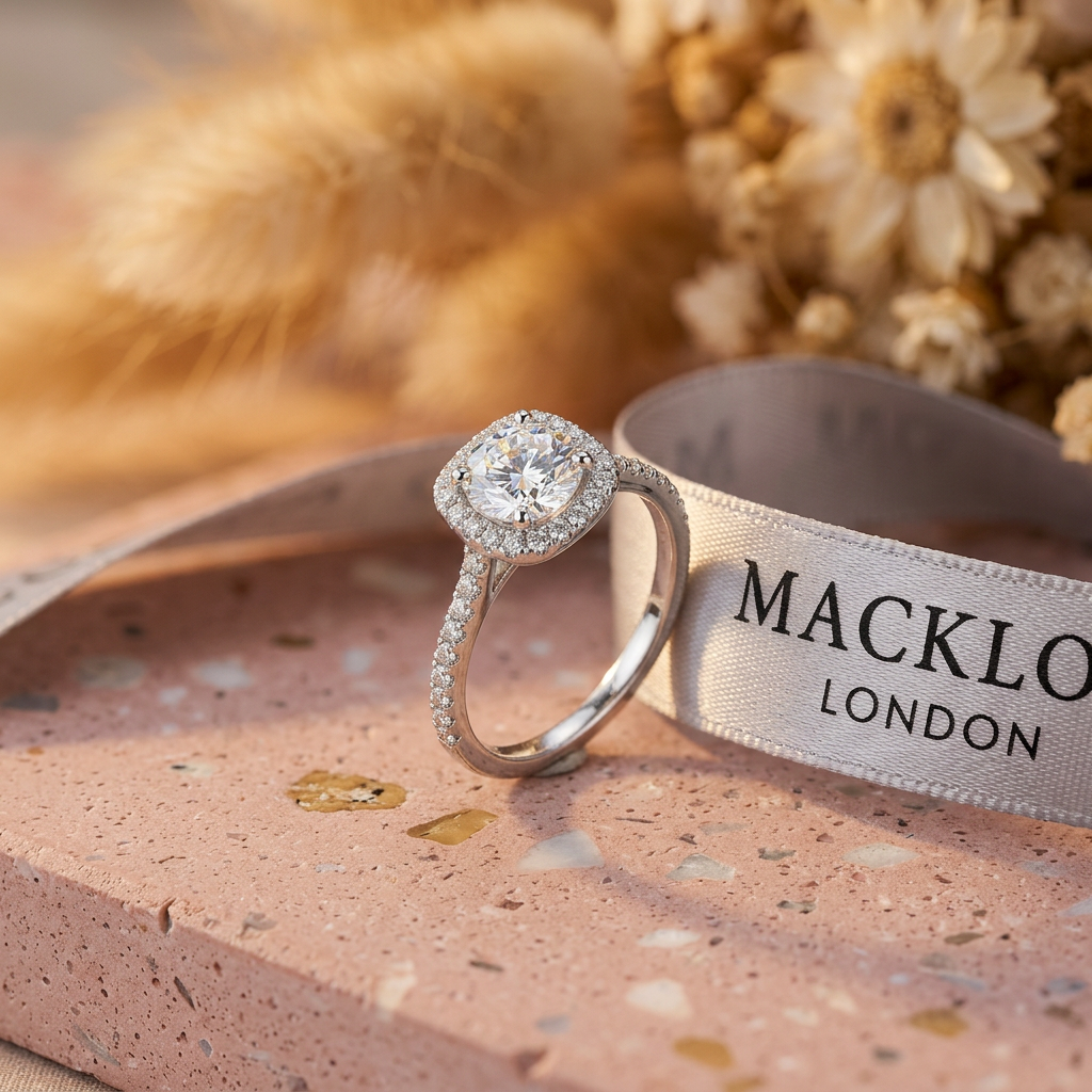 Moissanite Cushion Halo Engagement Ring – 1ct D Color VVS1, 925 Sterling Silver – The Belgravia | Macklo London