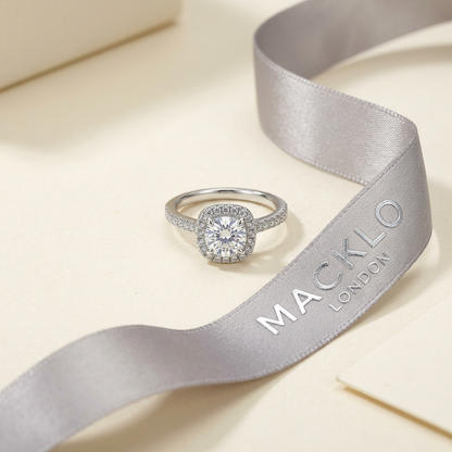 Moissanite Cushion Halo Engagement Ring – 1ct D Color VVS1, 925 Sterling Silver – The Belgravia | Macklo London