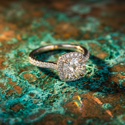Moissanite Cushion Halo Engagement Ring – 1ct D Color VVS1, 925 Sterling Silver – The Belgravia | Macklo London