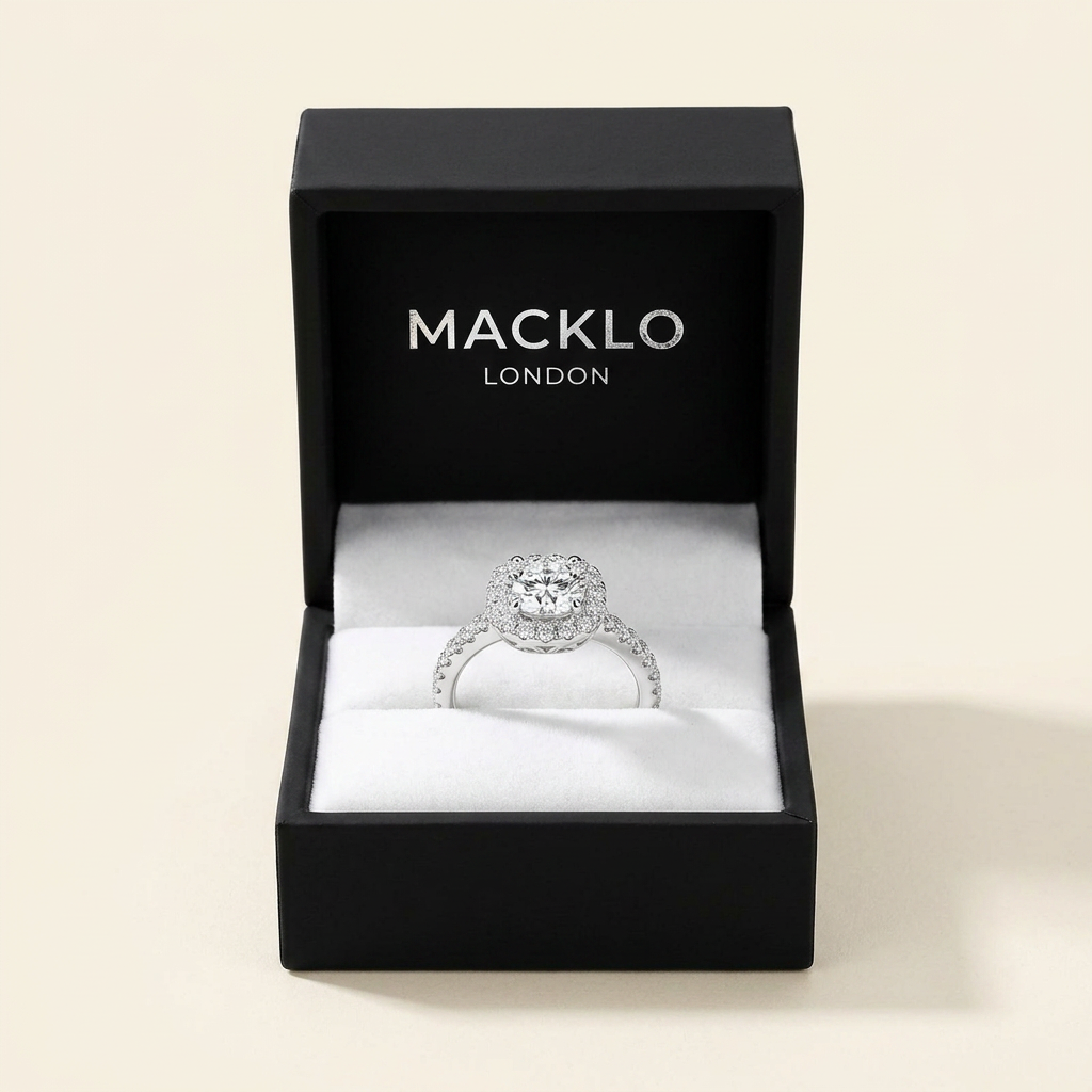 Moissanite Cushion Halo Engagement Ring – 1ct D Color VVS1, 925 Sterling Silver – The Belgravia | Macklo London