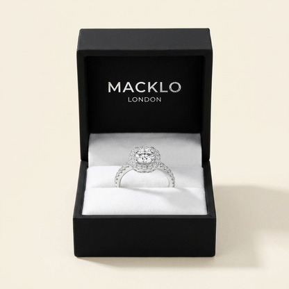 Moissanite Cushion Halo Engagement Ring – 1ct D Color VVS1, 925 Sterling Silver – The Belgravia | Macklo London