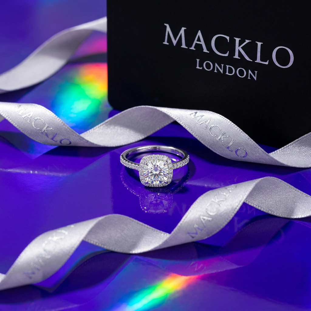 Moissanite Cushion Halo Engagement Ring – 1ct D Color VVS1, 925 Sterling Silver – The Belgravia | Macklo London