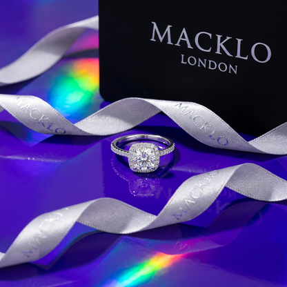 Moissanite Cushion Halo Engagement Ring – 1ct D Color VVS1, 925 Sterling Silver – The Belgravia | Macklo London