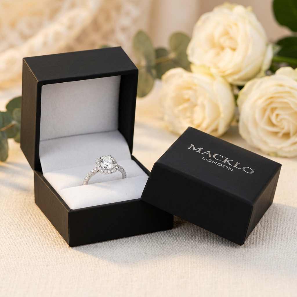 Moissanite Cushion Halo Engagement Ring – 1ct D Color VVS1, 925 Sterling Silver – The Belgravia | Macklo London