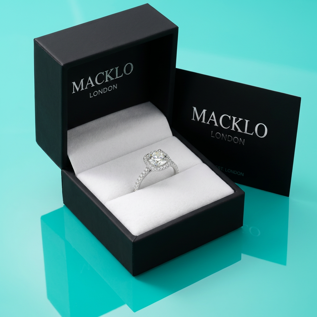 Moissanite Cushion Halo Engagement Ring – 1ct D Color VVS1, 925 Sterling Silver – The Belgravia | Macklo London
