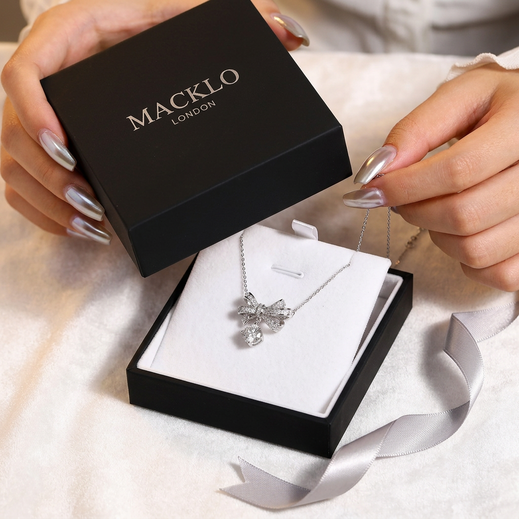 The Kensington Bow Necklace – 2ct Moissanite, 925 Sterling Silver, 18K White Gold Plated  Macklo London