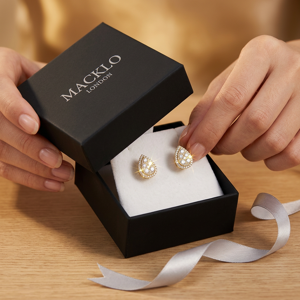 Moissanite Pear Earrings Pavé Cluster 18K Gold 925 Sterling Silver – The Victoria Pear | Macklo London
