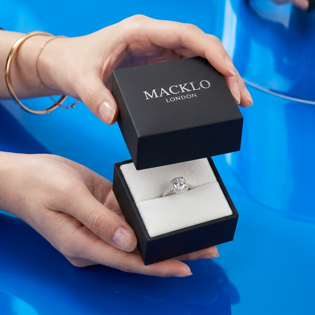 Moissanite Cushion Halo Engagement Ring – 1ct D Color VVS1, 925 Sterling Silver – The Belgravia | Macklo London