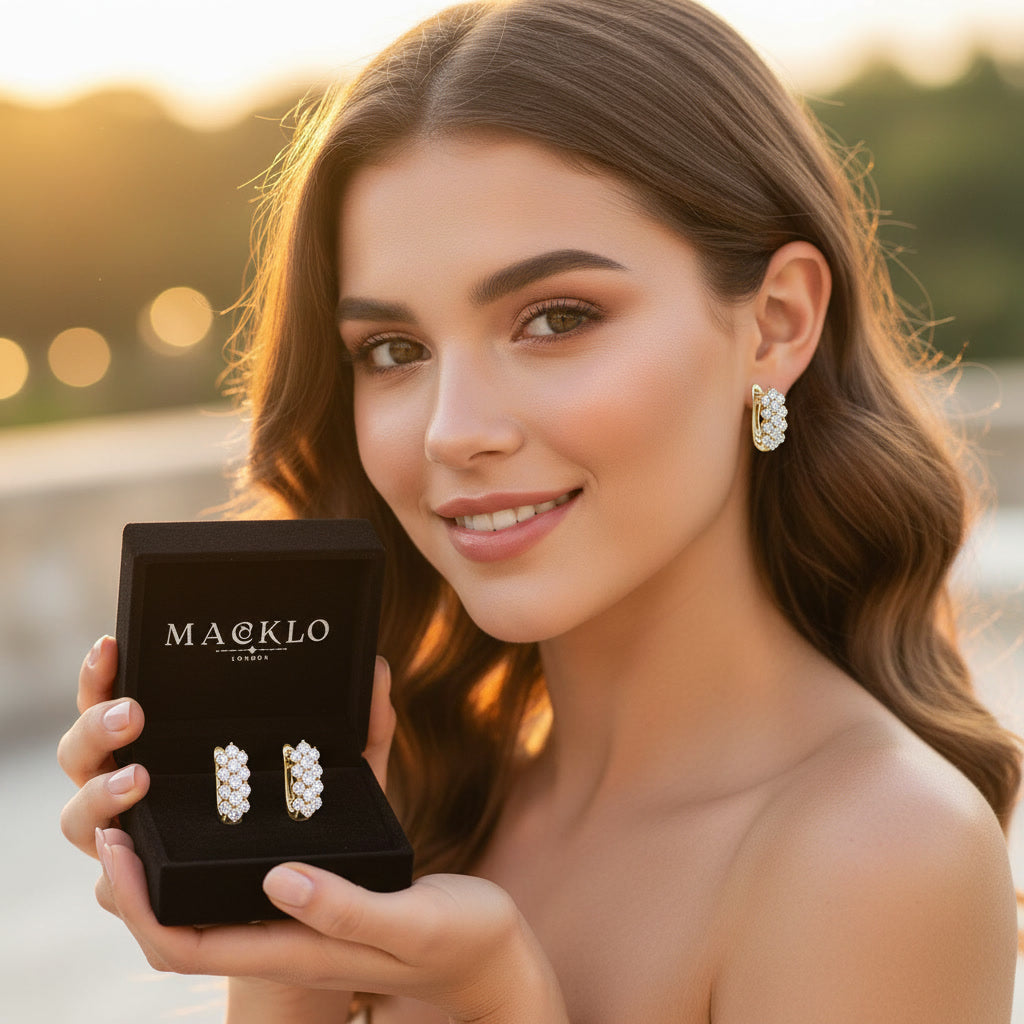 Moissanite Cluster Huggie Earrings – 1.7ct 3-Row D Color VVS1, 925 Sterling Silver – The Mayfair Cluster | Macklo London