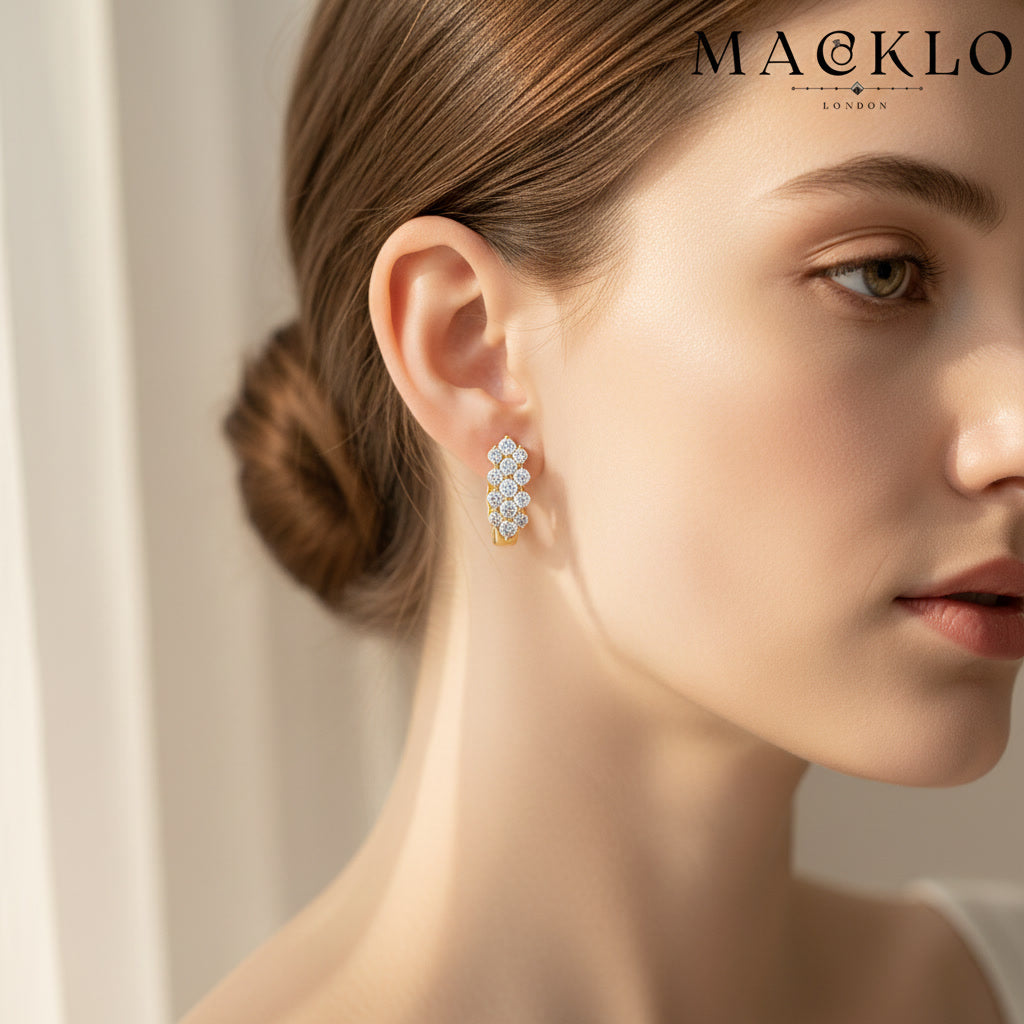 Moissanite Cluster Huggie Earrings – 1.7ct 3-Row D Color VVS1, 925 Sterling Silver – The Mayfair Cluster | Macklo London