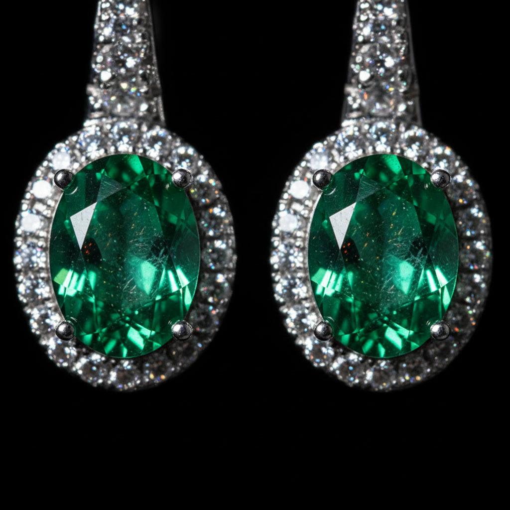 Emerald Earrings – Oval Cut Green Lab-Grown Emerald – 925 Sterling Silver – Vintage Halo Drop Earrings for Women | Macklo London