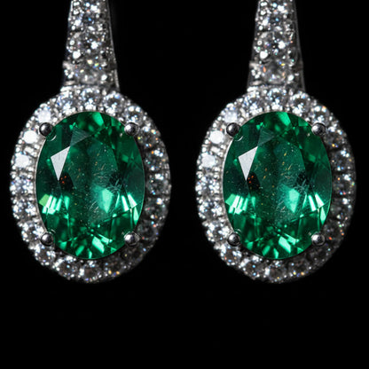 Emerald Earrings – Oval Cut Green Lab-Grown Emerald – 925 Sterling Silver – Vintage Halo Drop Earrings for Women | Macklo London