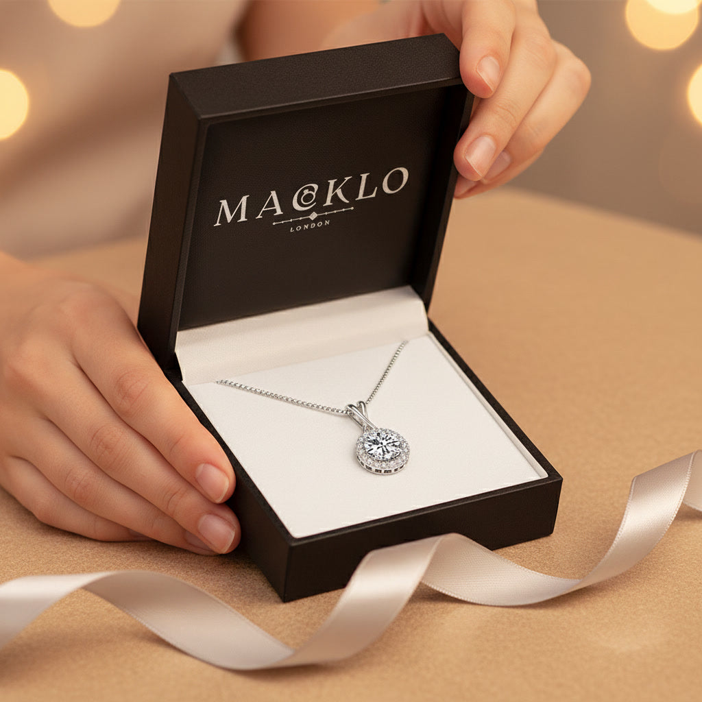 Moissanite Halo Pendant Necklace – 1ct to 3ct D Color VVS1, 925 Sterling Silver – The Kensington Halo | Macklo London