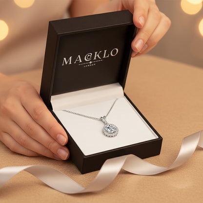 Moissanite Halo Pendant Necklace – 1ct to 3ct D Color VVS1, 925 Sterling Silver – The Kensington Halo | Macklo London