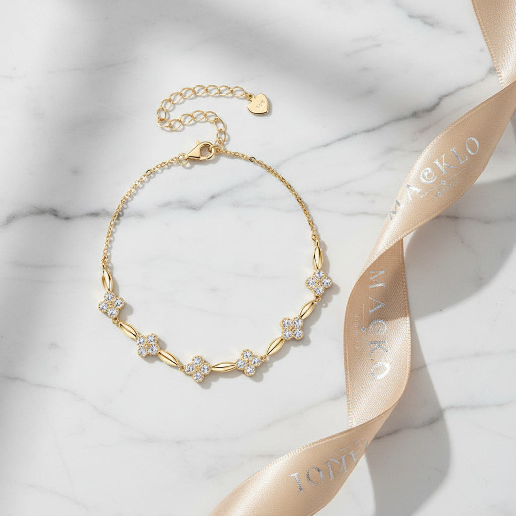 Moissanite Flower Charm Bracelet – 0.5ct 14K Gold Plated, 925 Sterling Silver – The Mayfair Flower | Macklo London