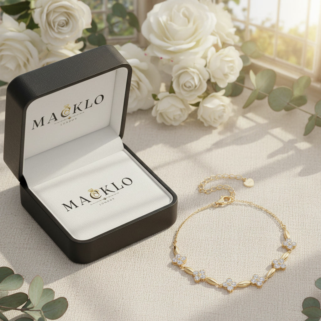 Moissanite Flower Charm Bracelet – 0.5ct 14K Gold Plated, 925 Sterling Silver – The Mayfair Flower | Macklo London