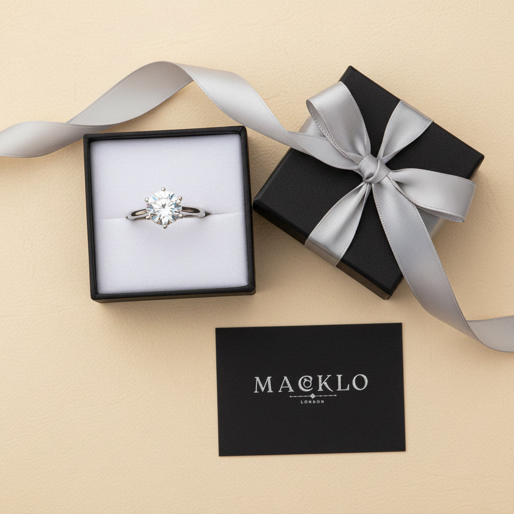 Moissanite Solitaire Ring – 2ct to 4ct D Color VVS1, 925 Sterling Silver – The Kensington Solitaire | Macklo London