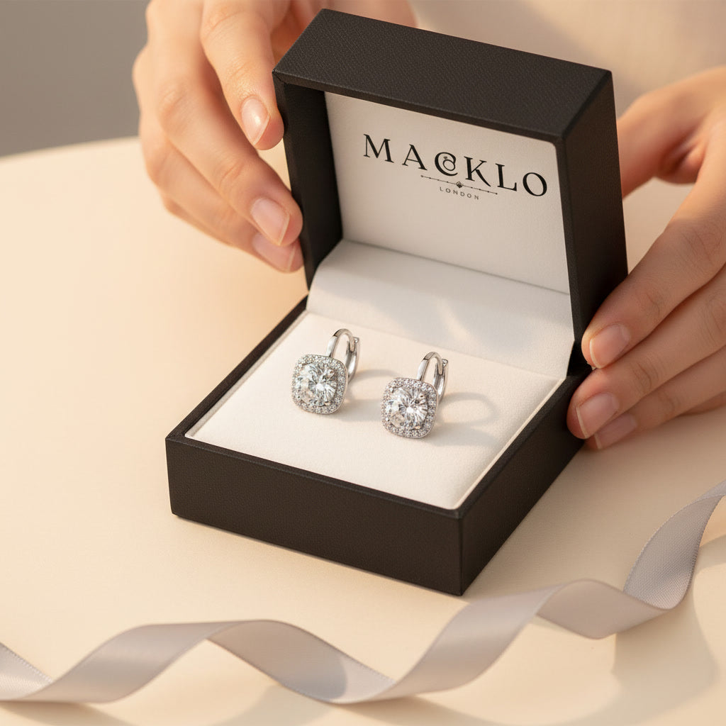 Moissanite Halo Hoop Earrings 2.18ct D Color VVS1 – 925 Sterling Silver – The Kensington Halo Hoops | Macklo London