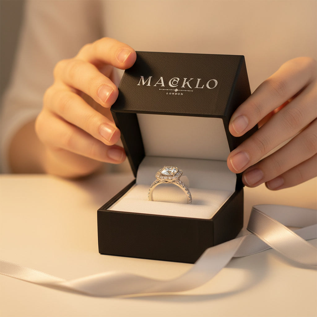 Moissanite Square Halo Ring 2ct 8mm D Color VVS1 – 925 Sterling Silver – The Belgravia Square | Macklo London