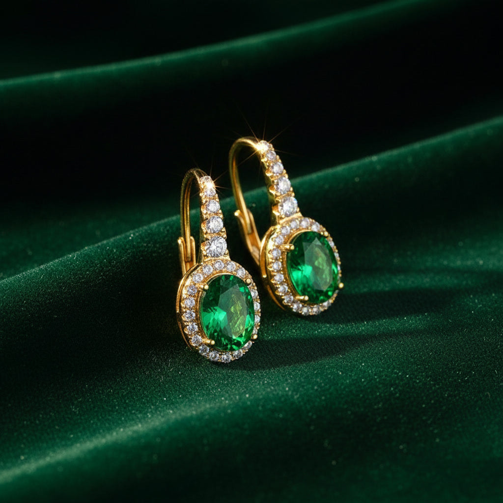Emerald Earrings – Oval Cut Green Lab-Grown Emerald – 925 Sterling Silver – Vintage Halo Drop Earrings for Women | Macklo London