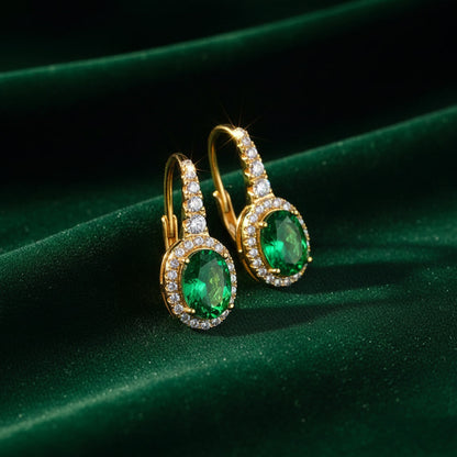 Emerald Earrings – Oval Cut Green Lab-Grown Emerald – 925 Sterling Silver – Vintage Halo Drop Earrings for Women | Macklo London