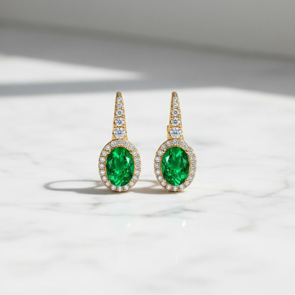 Emerald Earrings – Oval Cut Green Lab-Grown Emerald – 925 Sterling Silver – Vintage Halo Drop Earrings for Women | Macklo London