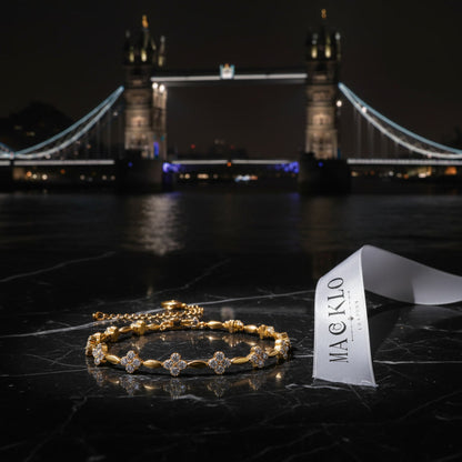Moissanite Flower Charm Bracelet – 0.5ct 14K Gold Plated, 925 Sterling Silver – The Mayfair Flower | Macklo London