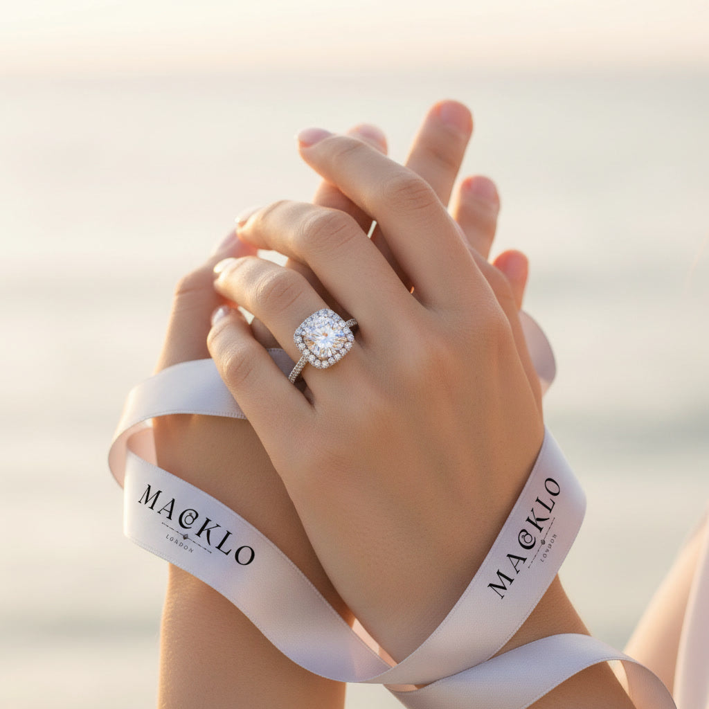 Moissanite Square Halo Ring 2ct 8mm D Color VVS1 – 925 Sterling Silver – The Belgravia Square | Macklo London