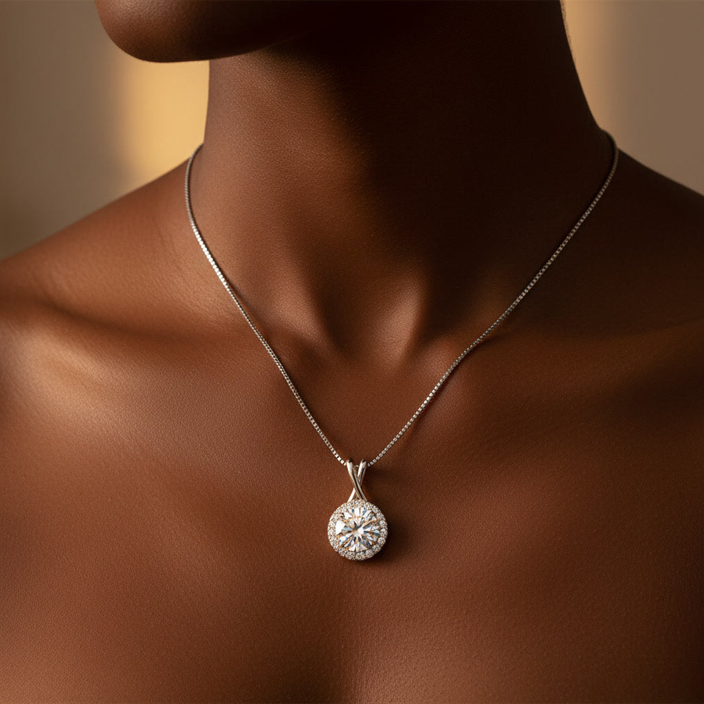 Moissanite Halo Pendant Necklace – 1ct to 3ct D Color VVS1, 925 Sterling Silver – The Kensington Halo | Macklo London