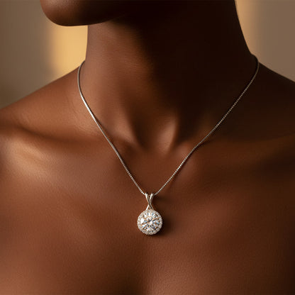 Moissanite Halo Pendant Necklace – 1ct to 3ct D Color VVS1, 925 Sterling Silver – The Kensington Halo | Macklo London