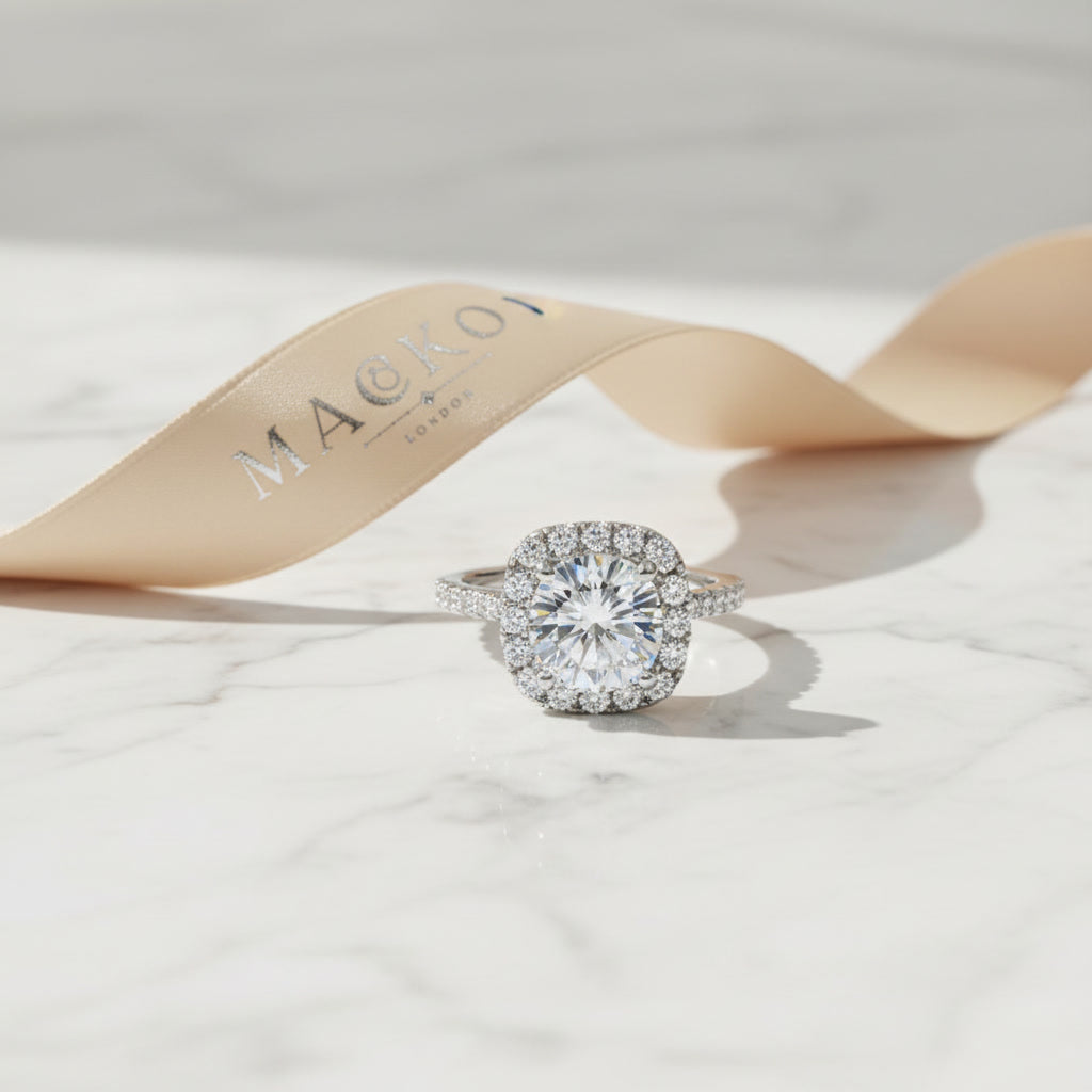 Moissanite Square Halo Ring 2ct 8mm D Color VVS1 – 925 Sterling Silver – The Belgravia Square | Macklo London