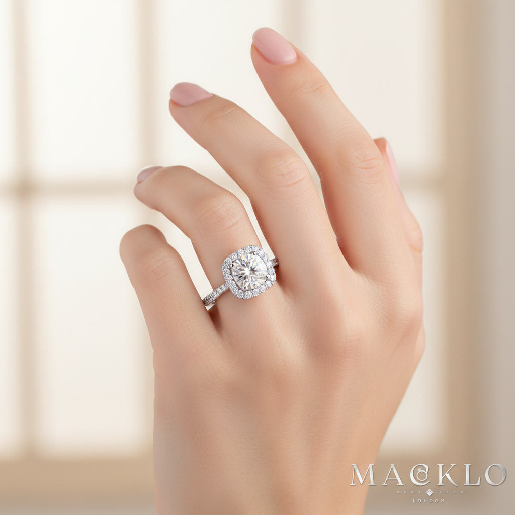 Moissanite Square Halo Ring 2ct 8mm D Color VVS1 – 925 Sterling Silver – The Belgravia Square | Macklo London