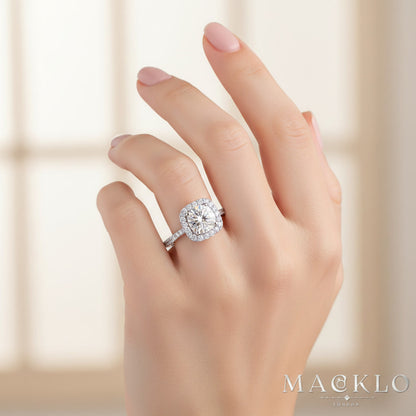 Moissanite Square Halo Ring 2ct 8mm D Color VVS1 – 925 Sterling Silver – The Belgravia Square | Macklo London