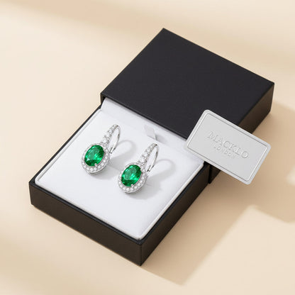 Emerald Earrings – Oval Cut Green Lab-Grown Emerald – 925 Sterling Silver – Vintage Halo Drop Earrings for Women | Macklo London