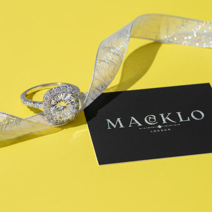 Moissanite Square Halo Ring 2ct 8mm D Color VVS1 – 925 Sterling Silver – The Belgravia Square | Macklo London
