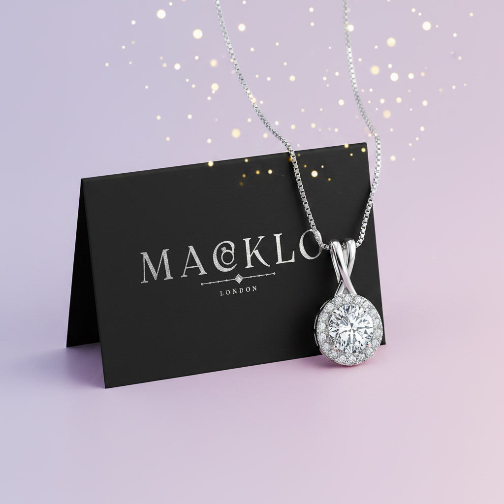 Moissanite Halo Pendant Necklace – 1ct to 3ct D Color VVS1, 925 Sterling Silver – The Kensington Halo | Macklo London