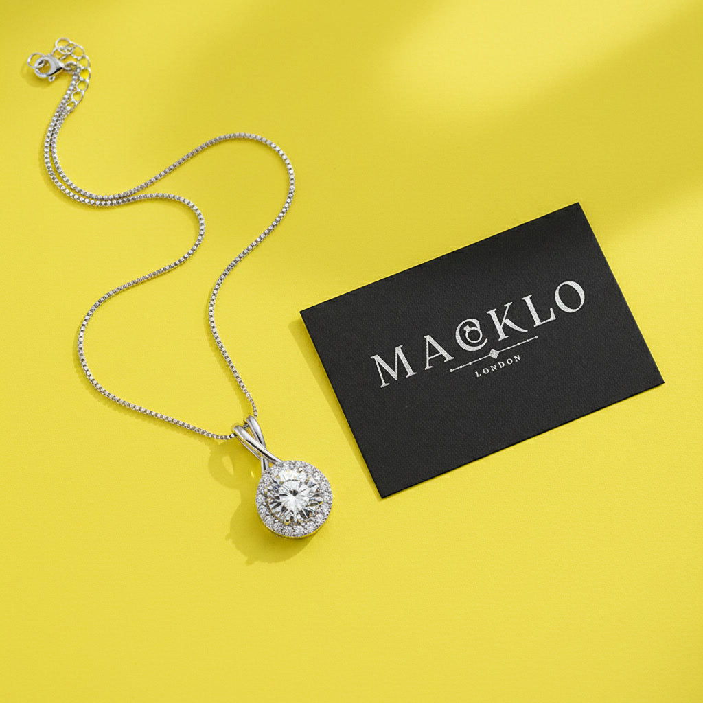 Moissanite Halo Pendant Necklace – 1ct to 3ct D Color VVS1, 925 Sterling Silver – The Kensington Halo | Macklo London