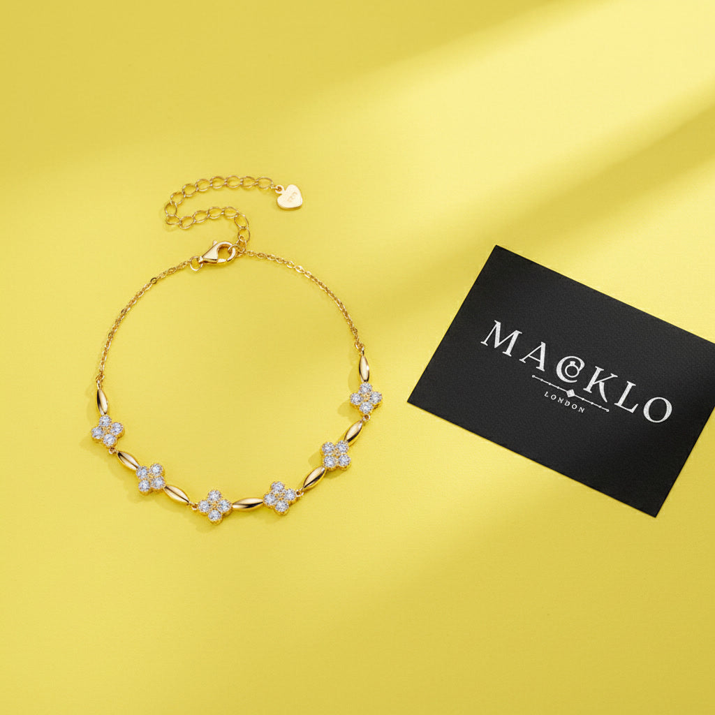 Moissanite Flower Charm Bracelet – 0.5ct 14K Gold Plated, 925 Sterling Silver – The Mayfair Flower | Macklo London