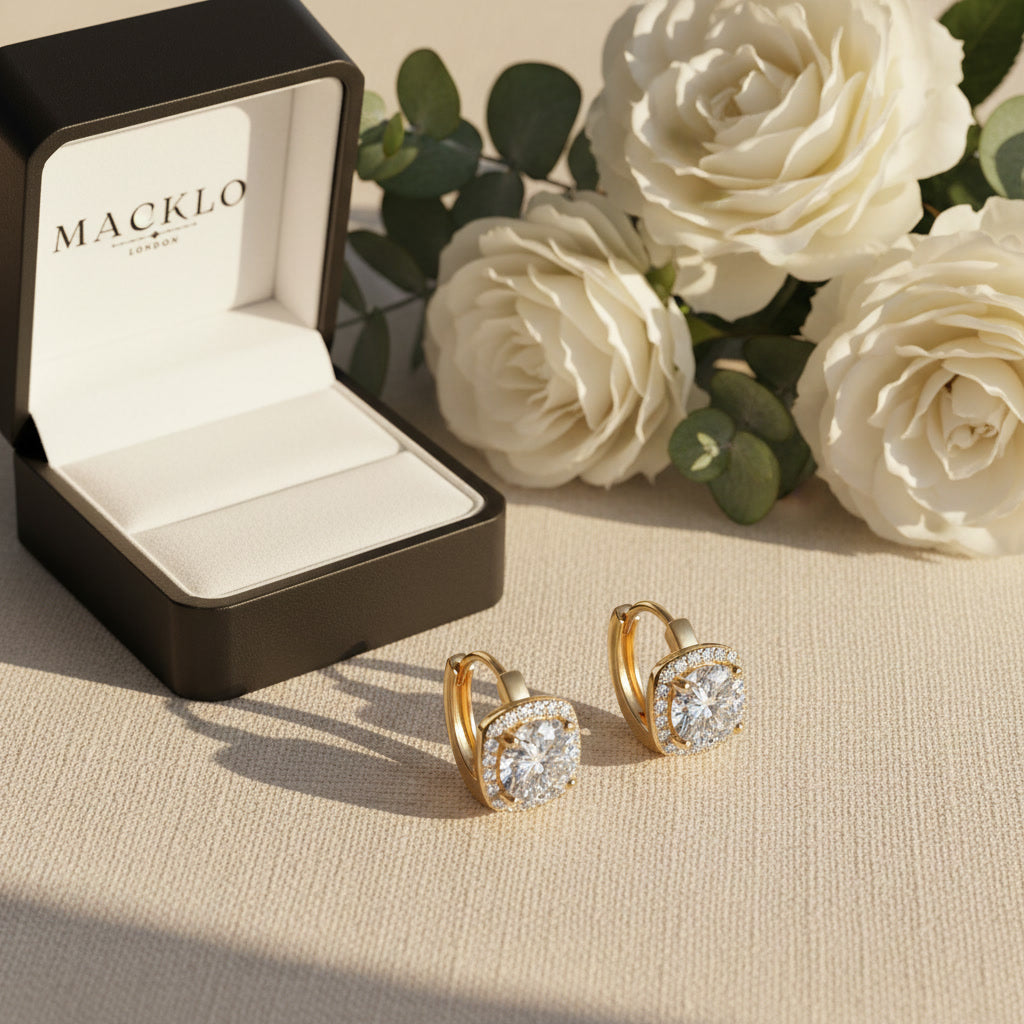Moissanite Halo Hoop Earrings 2.18ct D Color VVS1 – 925 Sterling Silver – The Kensington Halo Hoops | Macklo London