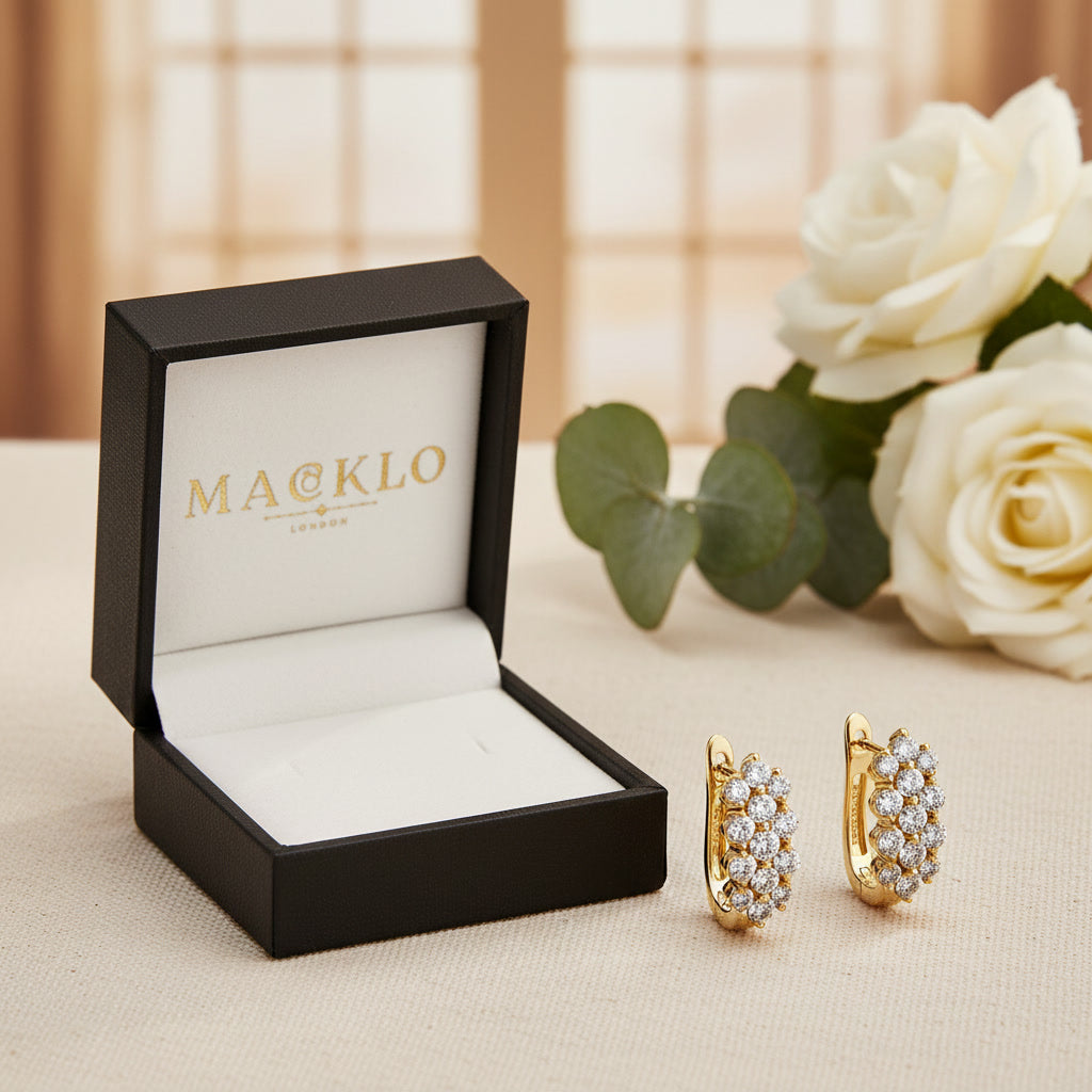 Moissanite Cluster Huggie Earrings – 1.7ct 3-Row D Color VVS1, 925 Sterling Silver – The Mayfair Cluster | Macklo London